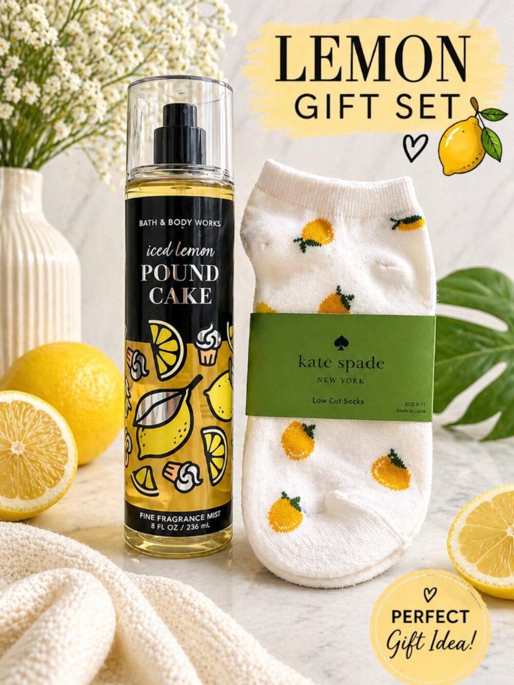 Lemon Gift Set 🍋 Bath & Body Works Iced Lemon Pound Cake + Kate Spade Socks